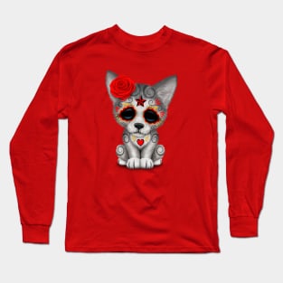 Red Day of the Dead Sugar Skull Wolf Cub Long Sleeve T-Shirt